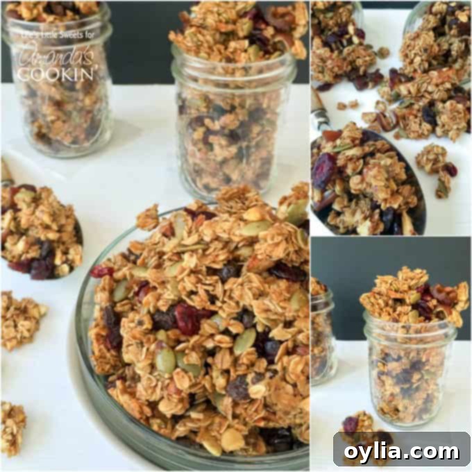 An assortment of photos of autumn harvest fruit and nut granola.