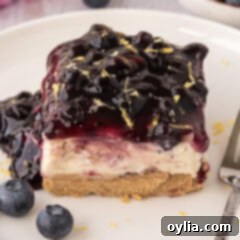 Close up photo of a slice of No Bake Blueberry Cheesecake on a plate, showing vibrant layers