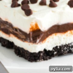 Decadent Chocolate Lasagna 15 close up of chocolate lasagna slice, showing creamy layers