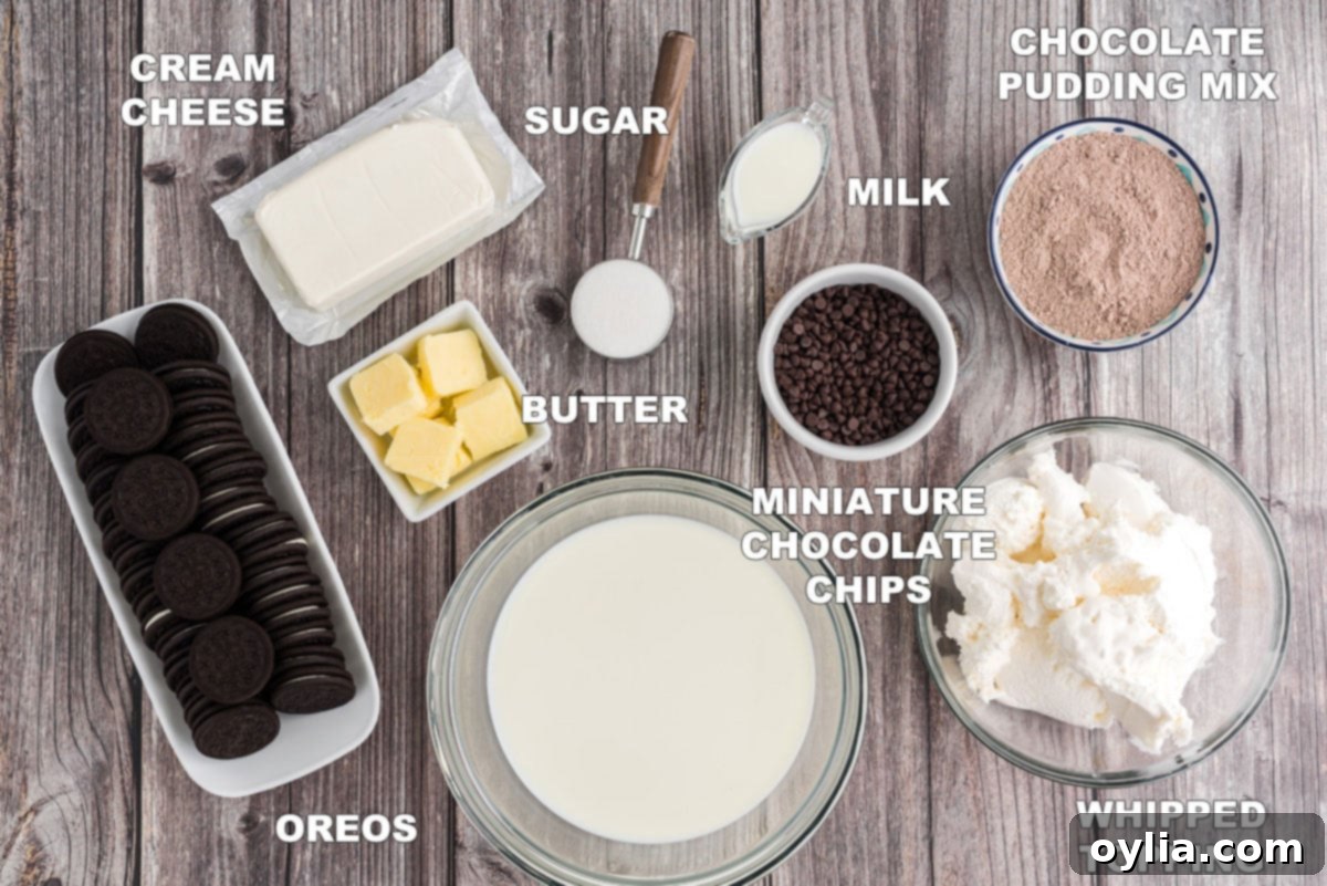 Decadent Chocolate Lasagna 2 labeled ingredients laid out for chocolate lasagna preparation