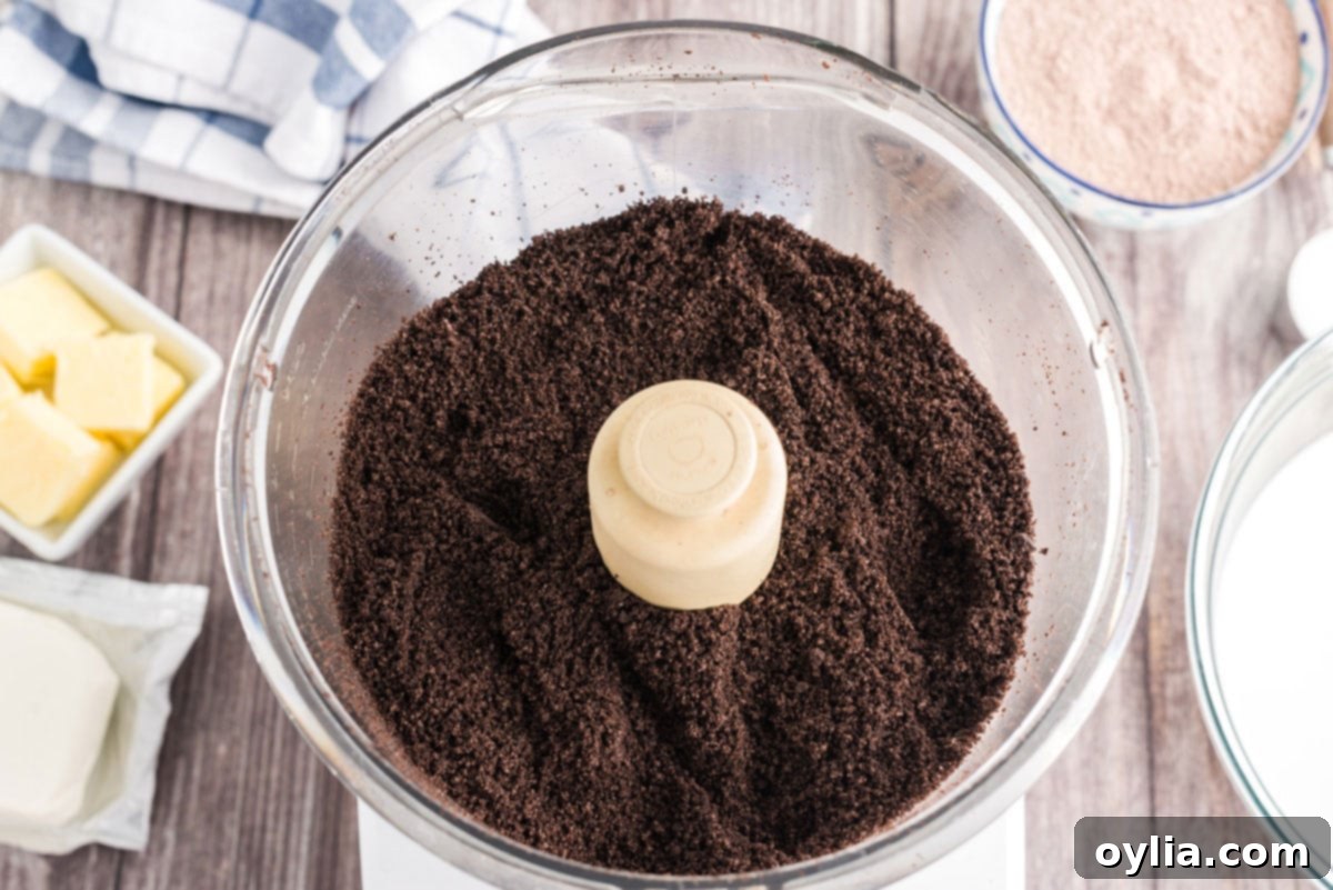 Decadent Chocolate Lasagna 4 finely crushed oreo cookie crumbs in the bowl of a food processor
