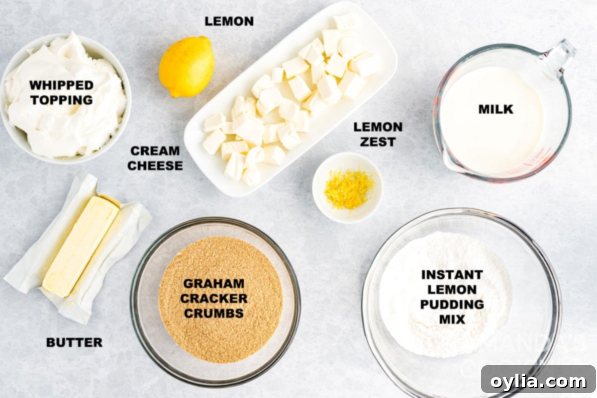 labeled ingredients for lemon cheesecake pudding dessert