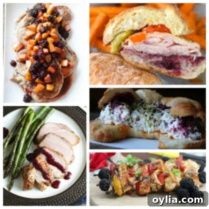 A collage of savory meals using blackberries, including pork chops and chicken dishes.
