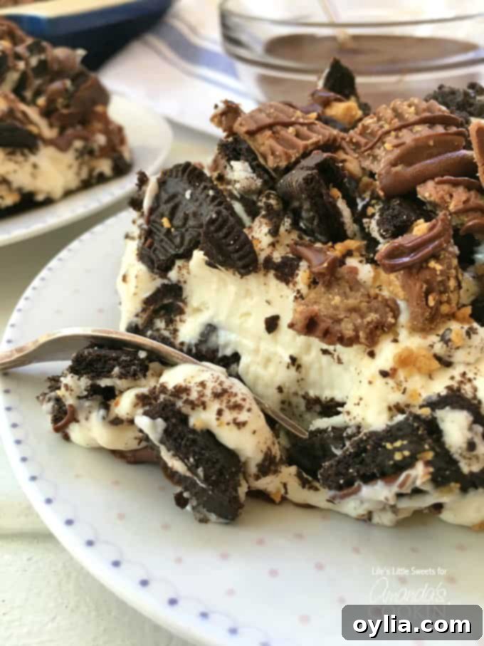 A close up of a slice of peanut butter oreo no bake cheesecake on a plate with a fork, showing the distinct layers of crust, cheesecake, and toppings.