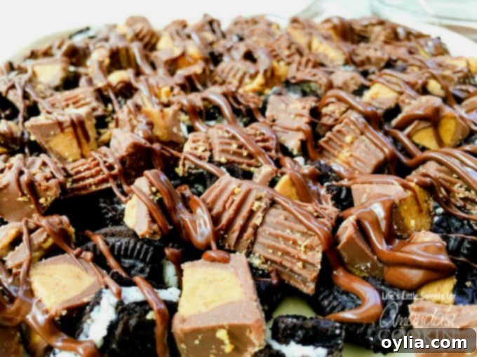 A close up photo of chopped Oreos and Reese's peanut butter cups on top of a peanut butter Oreo no bake cheesecake, showcasing the rich toppings.