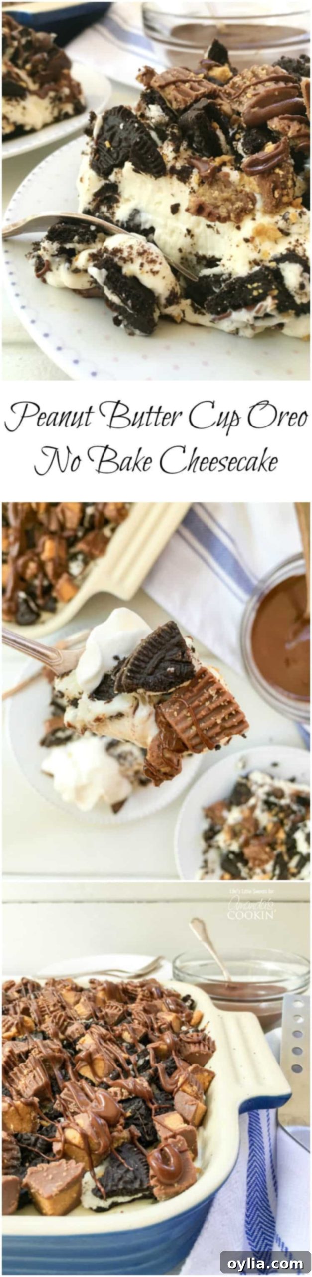 A close up of a forkful of peanut butter oreo no bake cheesecake, emphasizing its creamy texture and delicious layers.