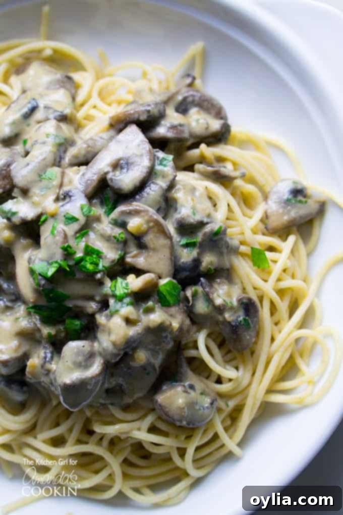 A close up overhead of mushroom stroganoff on a white plate, showcasing its creamy texture and fresh parsley garnish.