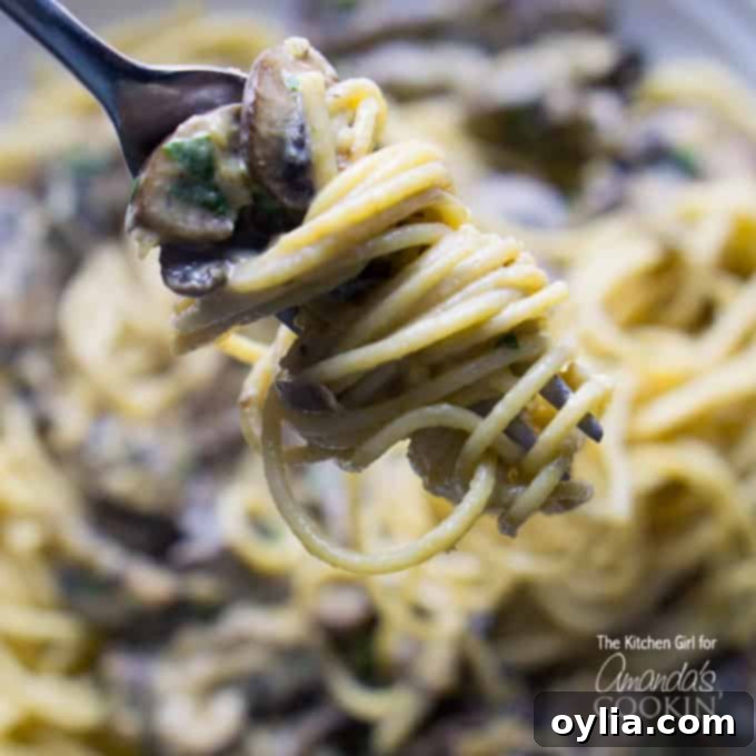 A close up of mushroom stroganoff swirled onto a fork, showing the creamy sauce clinging to the mushrooms.