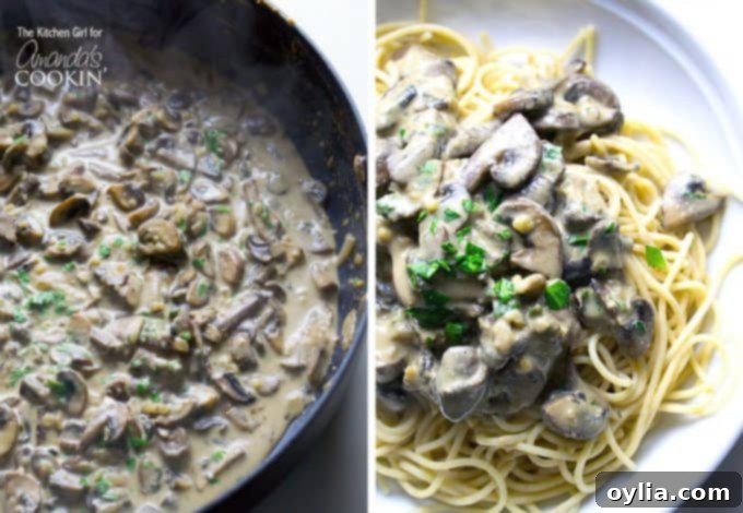 Two overhead pictures, one of a skillet of mushroom stroganoff ready to be served and the other picture is mushroom stroganoff on a white plate with pasta.