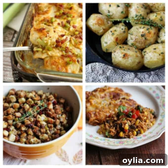 Photos of Potatoes Au Gratin, potatoes roasted in a cast iron skillet, stuffing with parsley, sage, rosemary & thyme and Spanish rice with black beans and corn, suggesting various side dish recipes.