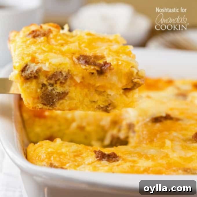 A close up of a square of turkey hash brown breakfast casserole on a spatula.