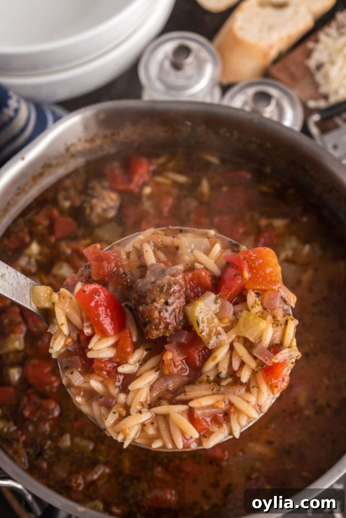 Hearty Sausage and Orzo Soup 11 Ladle of Italian Sausage Tomato Orzo Soup