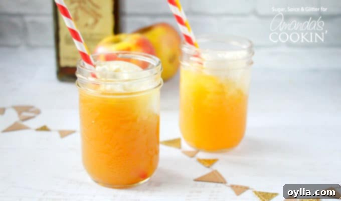 A close up of two mason jars filled with apple pie cocktails, garnished with cinnamon sticks and apple slices, served with red and white straws.