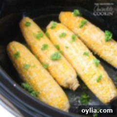 Slow Cooker Sweet Corn Perfection 6 An overhead view of corn on the cob in a crockpot, after being cooked.