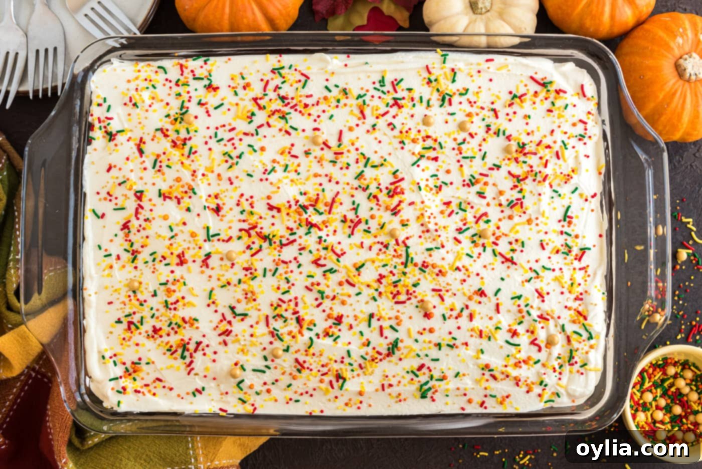 chocolate pumpkin magic cake decorated with colorful fall sprinkles