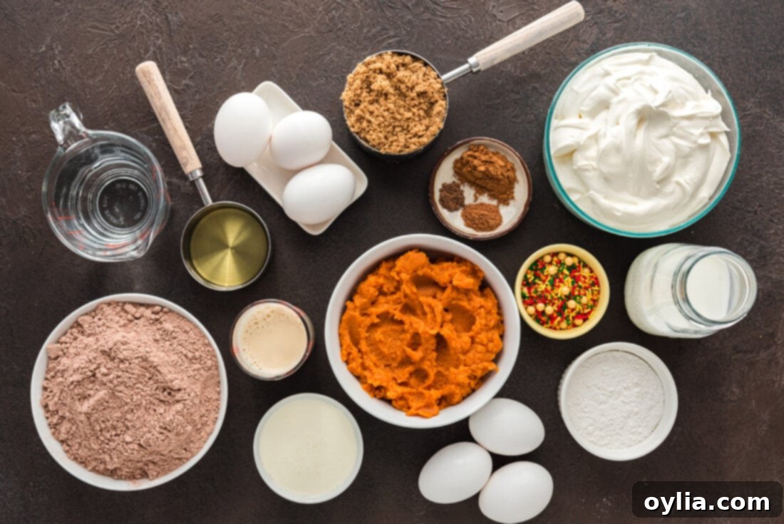 Ingredients for Chocolate Pumpkin Magic Cake laid out on a table