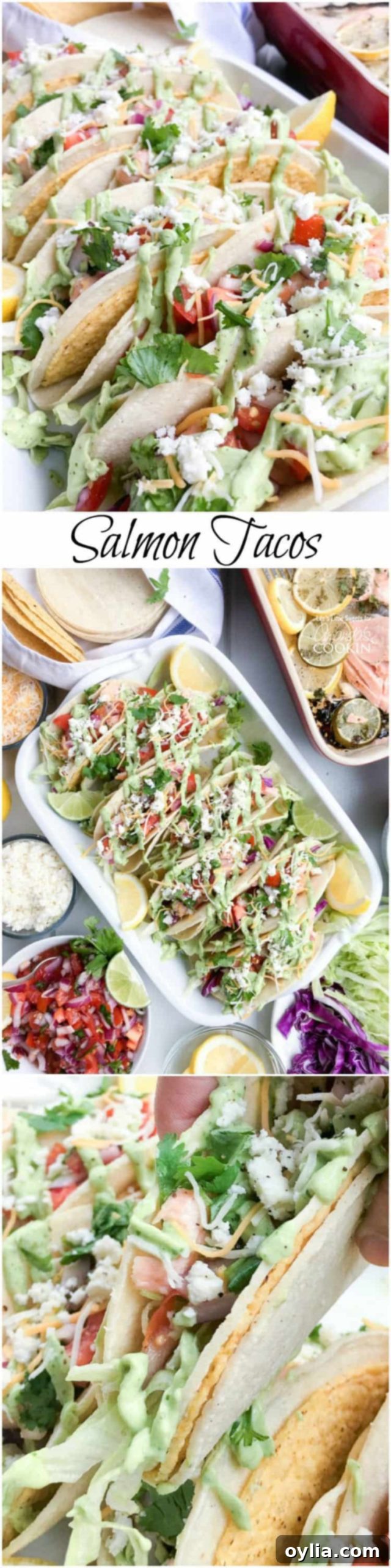 Baja Salmon Tacos 12 An overhead photo of multiple perfectly assembled salmon tacos, resting in a casserole dish, topped with fresh salsa and creamy avocado sauce, with extra lemon and lime wedges on the side, ready for a feast.