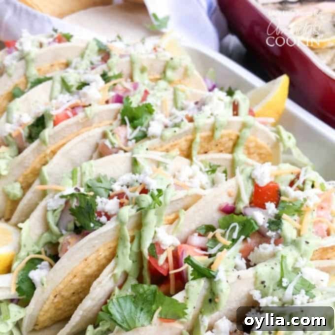 A close-up photo of two artfully arranged salmon tacos, abundant with flaked salmon, vibrant homemade salsa, and a generous drizzle of creamy avocado sauce, resting invitingly in a casserole dish.