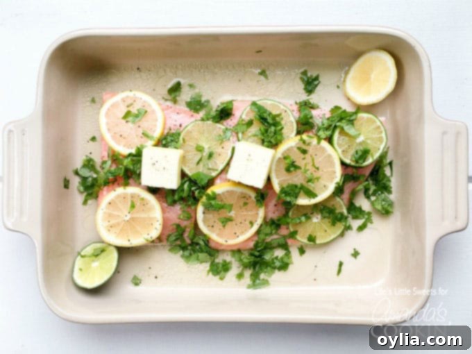 An overhead photo of fresh salmon fillets resting in a baking dish, beautifully covered with thin lemon and lime wheels, and generously topped with vibrant fresh cilantro and pats of butter, ready for baking.
