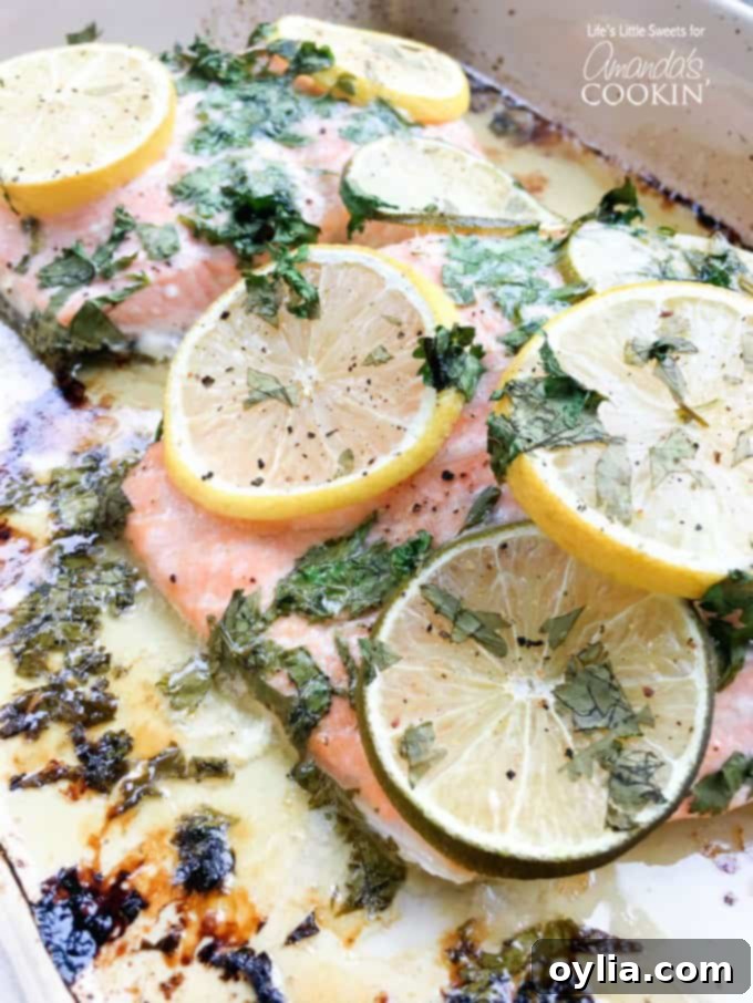 A detailed close-up of baked salmon, tender and flaky, adorned with elegant lemon and lime wheels, a sprinkle of fresh cilantro, and glistening pats of melted butter, ready to be flaked for tacos.