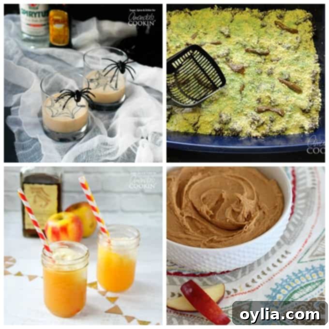 A collage of several Halloween and harvest party ideas and recipes, showcasing various festive treats and decorations.