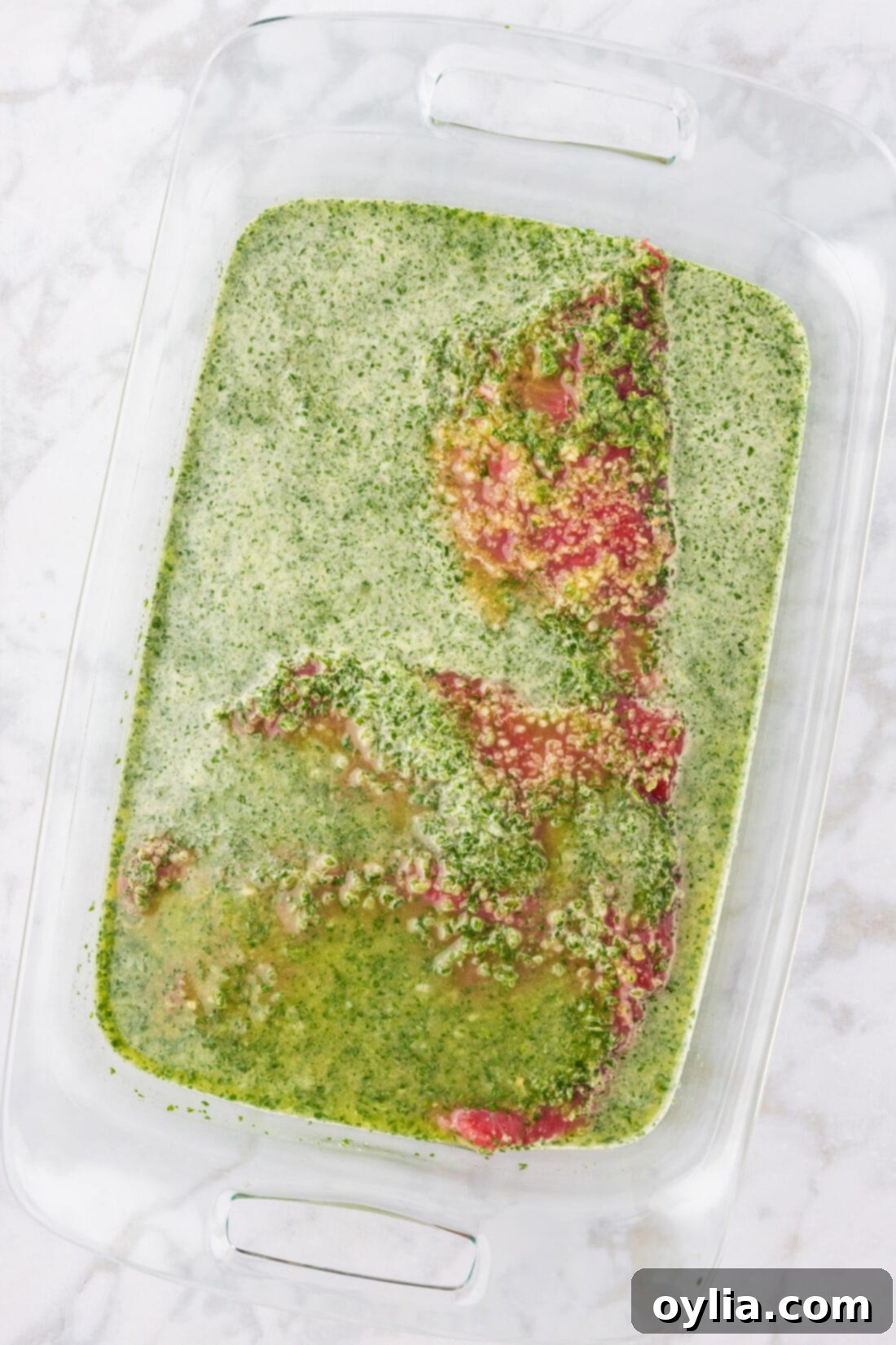 Carne Asada Marinade in a 13x9 dish, ready for marination