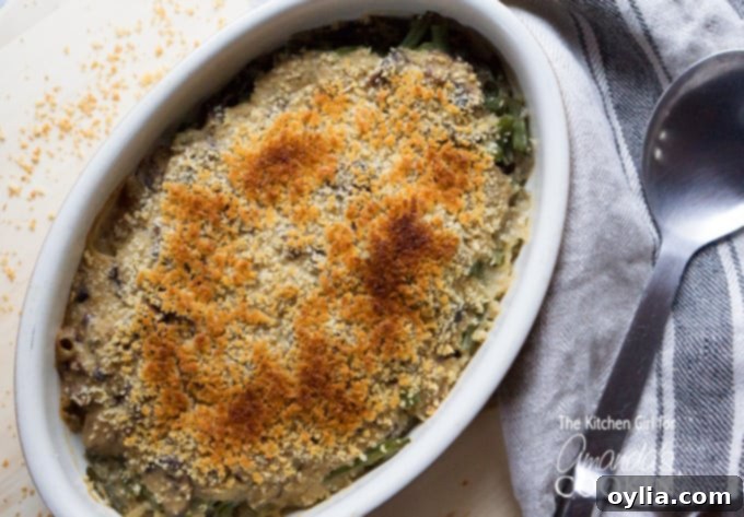 An overhead shot of green bean casserole, showcasing its beautiful presentation.