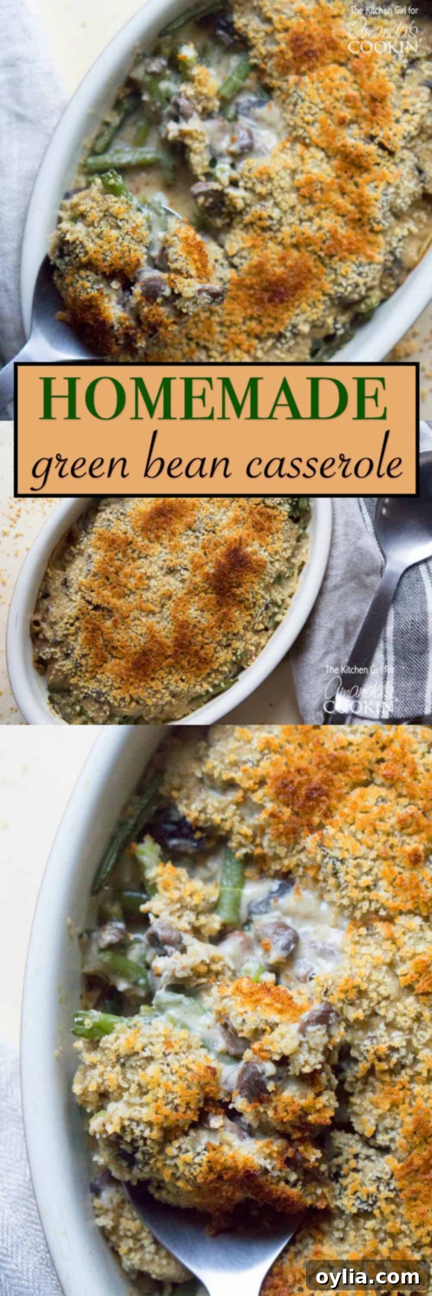Our Family's Favorite Green Bean Casserole 6 Overhead photos of homemade green bean casserole, ready for a holiday feast.