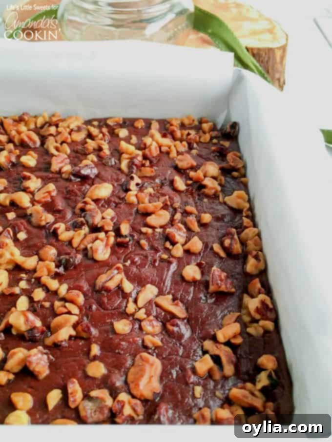 A a close up of a pan filled with chocolate walnut fudge.