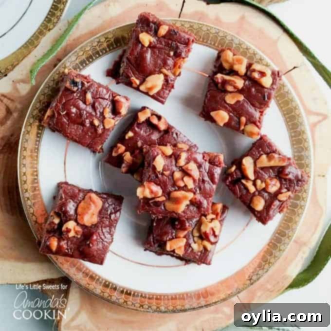 Chocolate walnut fudge squares on a white and gold plate.