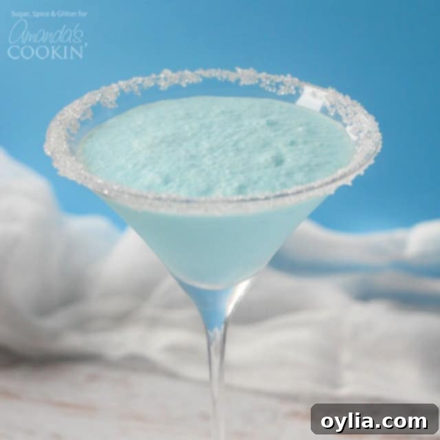 A blended frostbite martini in a clear martini glass.