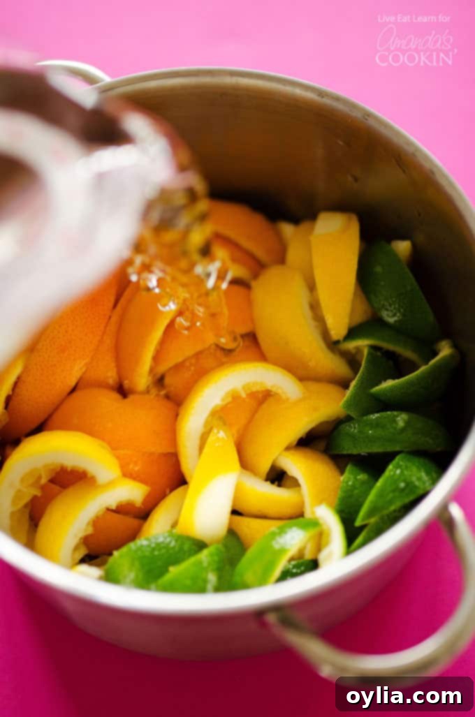 A large pot filled with a colorful assortment of orange, lemon, lime, and grapefruit peels, with water being poured in.