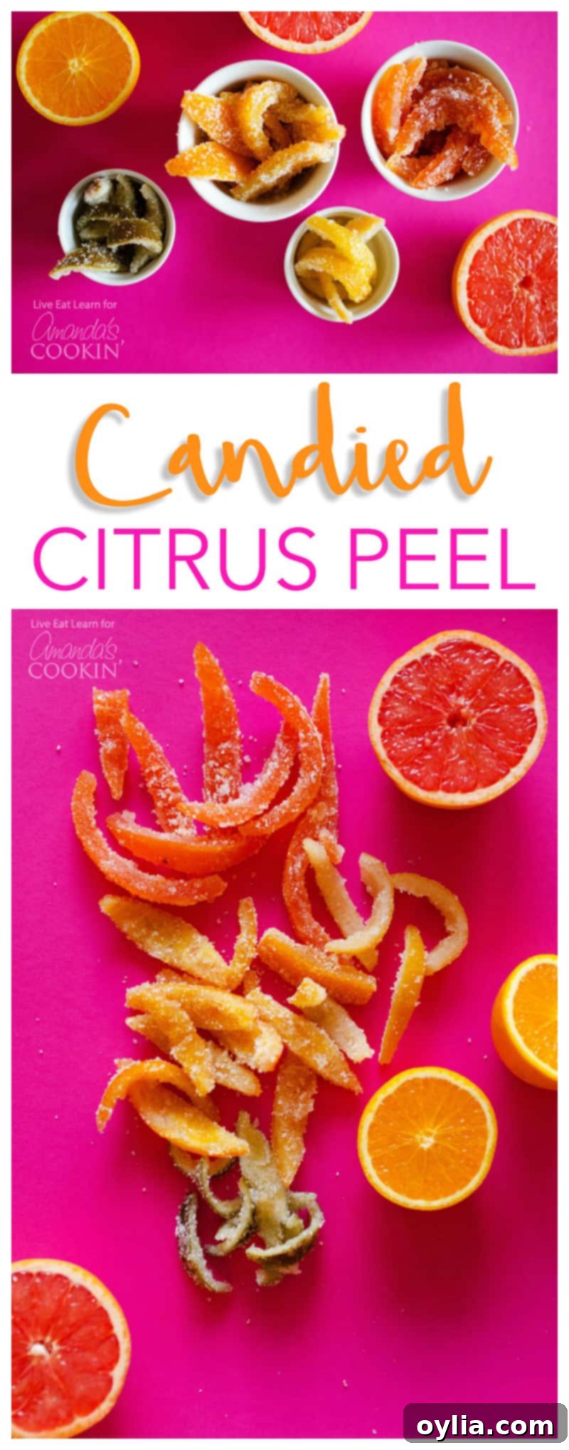 Photos of candied citrus peels, showing various stages and the final product, suitable for a Pinterest pin.