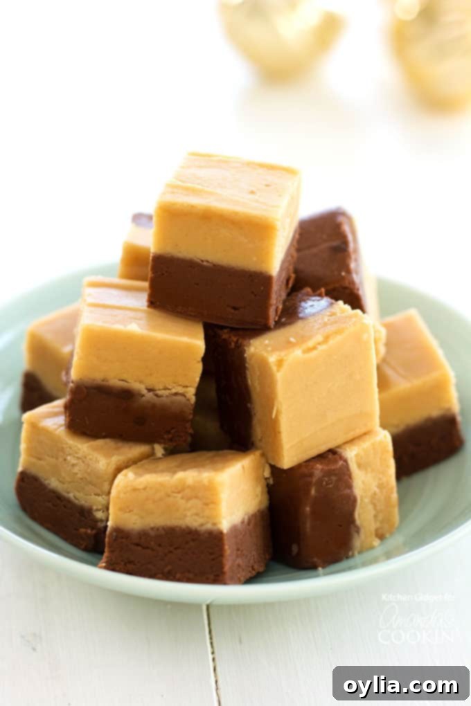 Stack of glossy, layered chocolate peanut butter fudge squares on a white plate