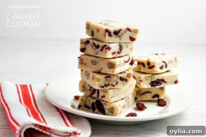 A close-up of a square of WHITE CHOCOLATE CRANBERRY FUDGE, showing the creamy texture and embedded cranberries and pecans.
