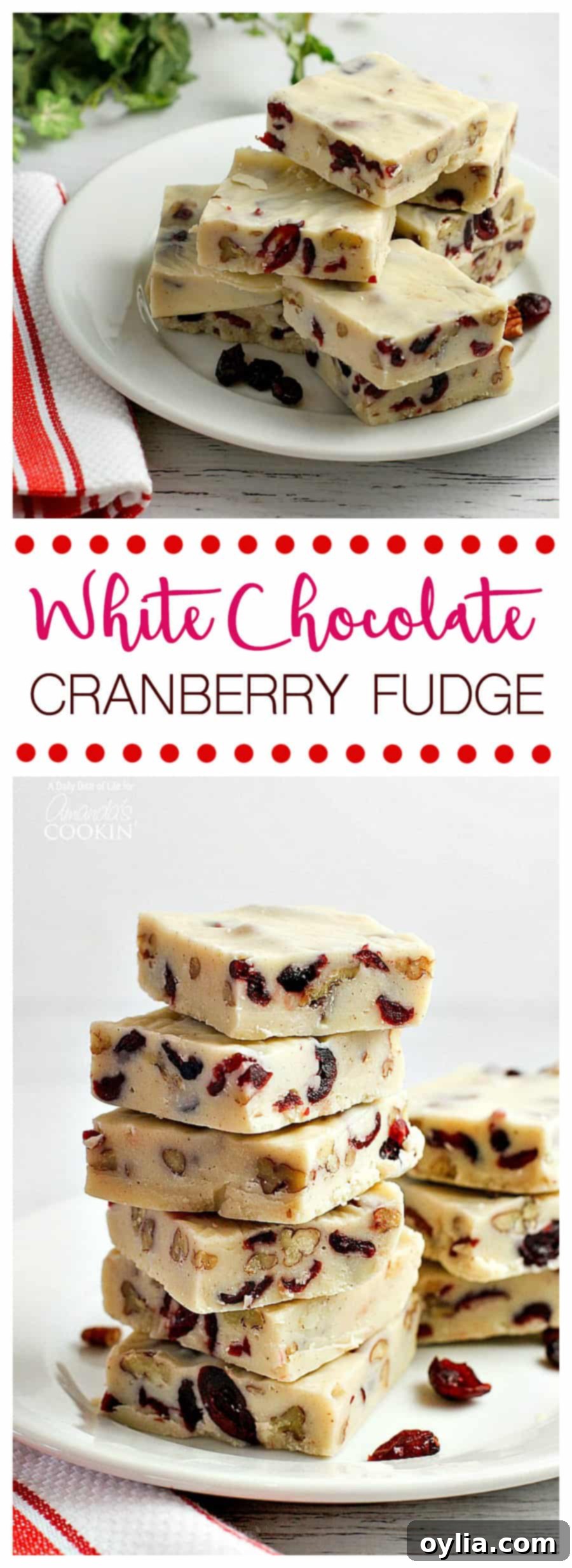 A vibrant collection of photos showing various arrangements of white chocolate cranberry fudge squares, ideal for a Pinterest pin.