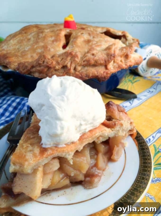 A slice of homemade apple pie on a plate with the whole pie in the background, showcasing its golden crust and delicious filling.
