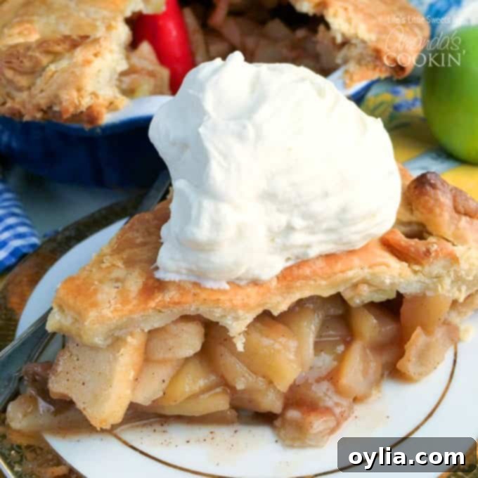Have a slice of delicious homemade apple pie you make from scratch! A close-up of a slice on a white plate.