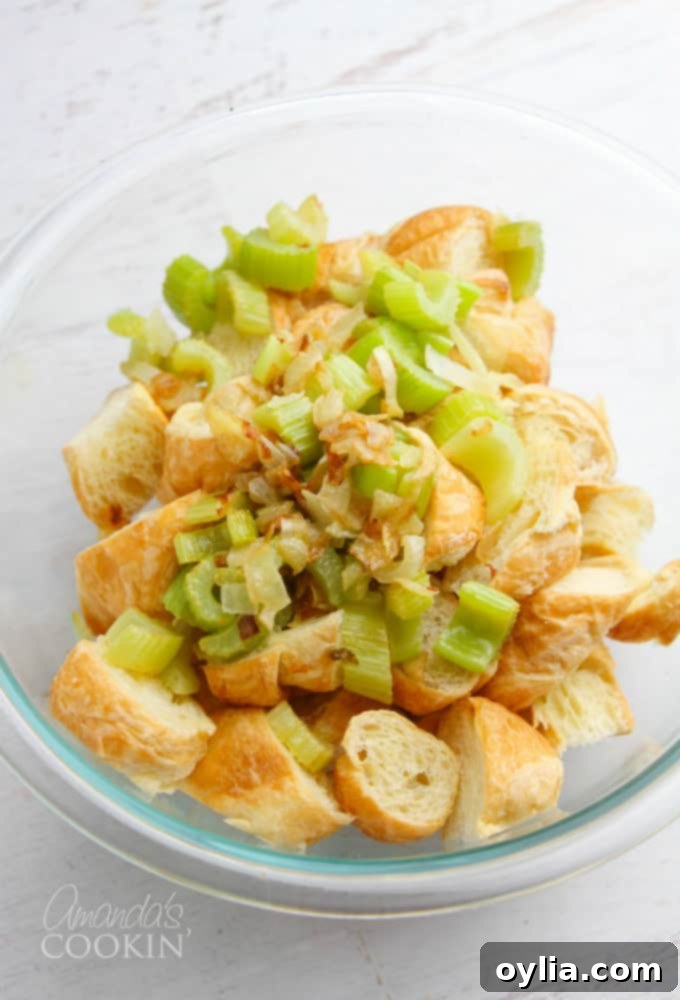Croissant stuffing step 1: dicing croissants and sautéing vegetables.