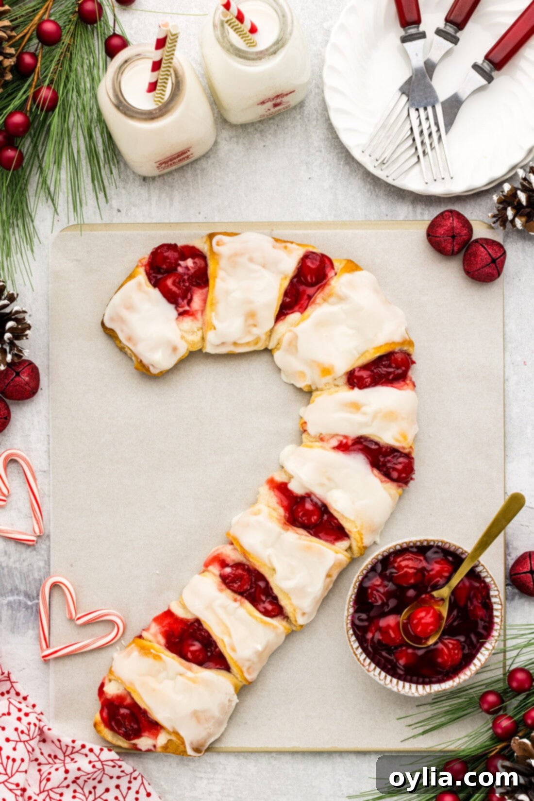 Candy Cane Danish with plates and extra filling to the side, beautifully arranged for a festive Christmas breakfast