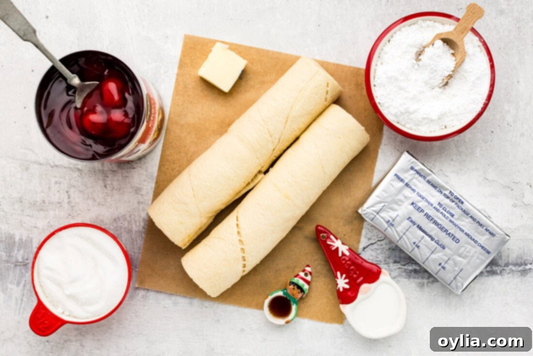 Ingredients for a delicious Candy Cane Danish, including crescent rolls, cream cheese, sugar, and cherry pie filling