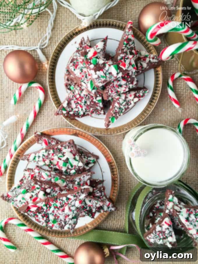 An overhead photo of two plates of peppermint candy cane bark.