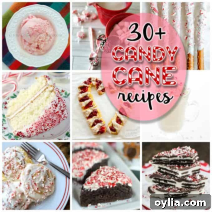 An assortment of photos of candy cane recipes including cookies, bark, and drinks, showcasing various peppermint and candy cane inspired treats.