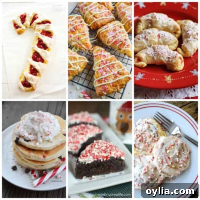 A collage of peppermint-themed breakfast recipes like danishes, pancakes, and scones.