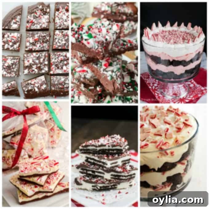 A collage of peppermint fudge, bark, and trifle recipes including 5-minute fudge, various barks, and layered trifles.