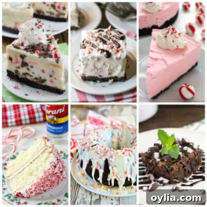 A collage of peppermint cakes, cheesecakes, and brownie treats, including a holiday peppermint cake and no-bake cheesecake.