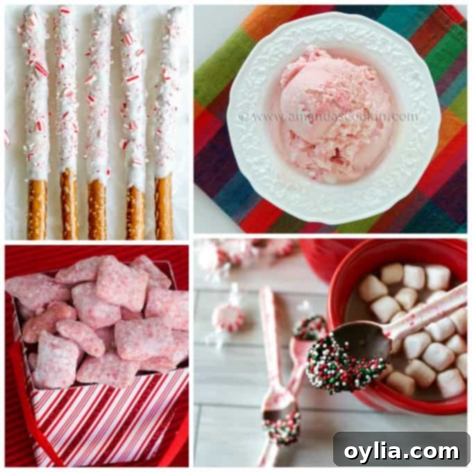 A collage of various peppermint and candy cane treats, including pretzels, ice cream, puppy chow, and candy spoons.