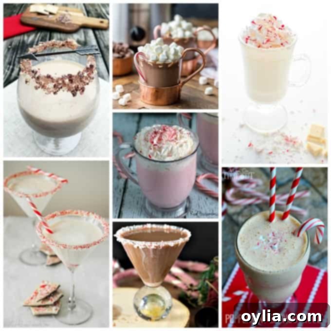 A collage of peppermint and candy cane drink recipes, including cocktails and hot chocolates.