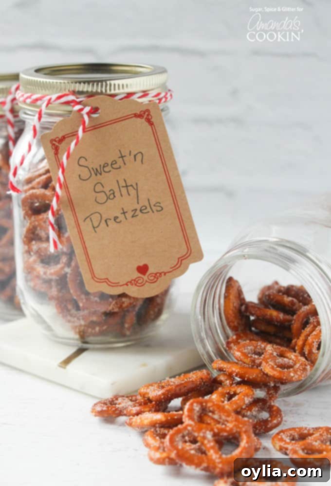 Sweet and salty pretzels in a jar, presented beautifully with twine and a tag, making a great gift idea.
