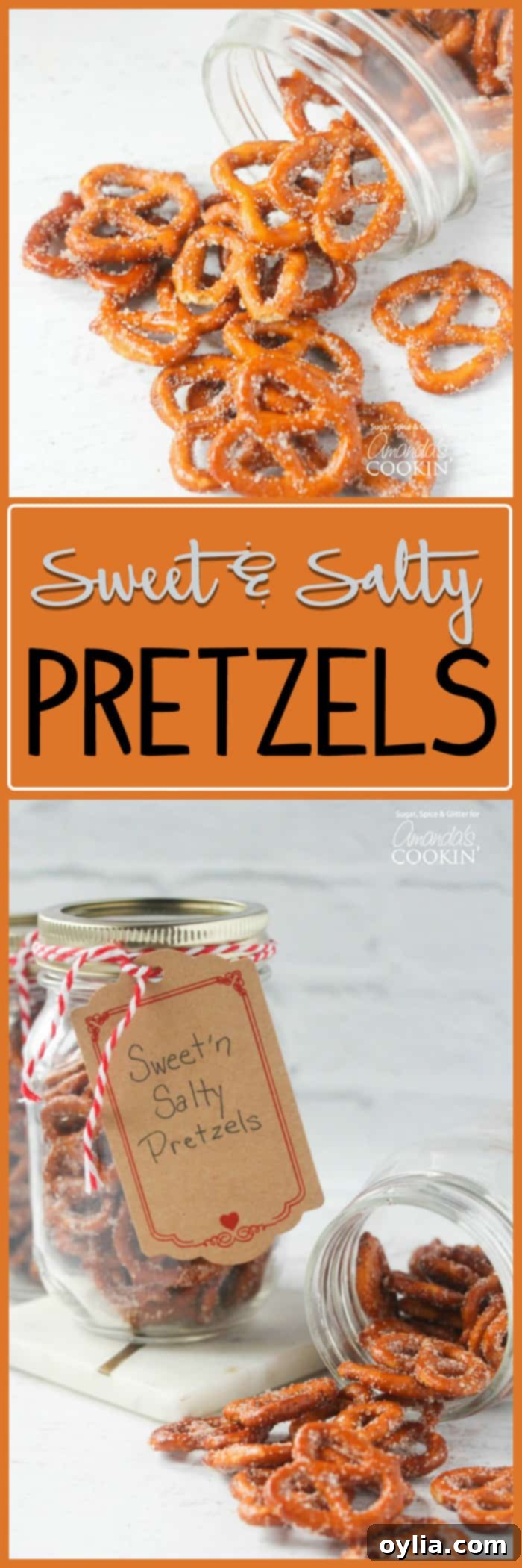 A collage of photos featuring sweet and salty pretzels arranged beautifully in glass jars, highlighting their appeal as homemade gifts.